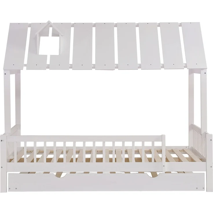 Hausbett Kinderbett 120x200 mit Rollbett Dach Kaminleiste Kiefer MDF Lattenrost weiß Jugendbett Schlafplatz – Bild 7