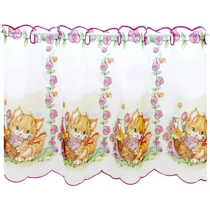 heimtexland Scheibengardine Kinderzimmer Deko Gardine Baby Katzen Fensterdeko (1 St), Durchzuglöcher, halbtransparent, Voile, transparent, HxB 45x85 cm, Stickerei Kante pink rosa – Bild 2