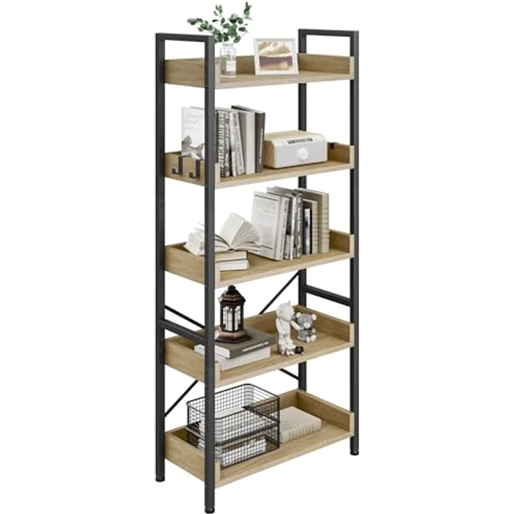 YITAHOME Bücherregal 5 Etagen, Bodenstehendes Bücherregal, Holzregal und stabiles Stahlrahmenregal mit 4 Haken Industrielles Lagerregal für Wohnzimmer, Heimbüro, Eiche Farbe – Bild 7