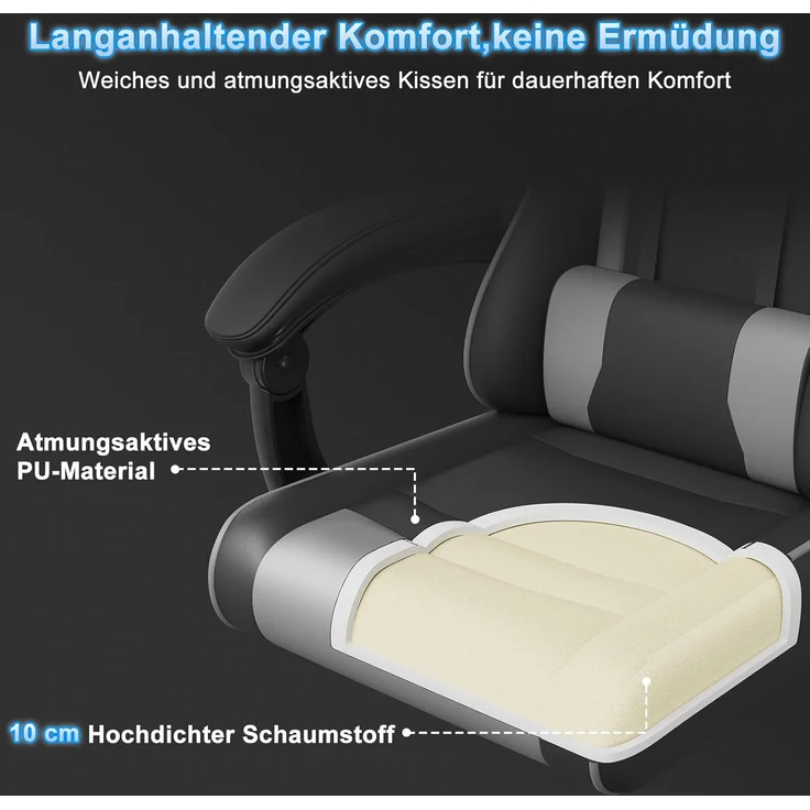 Devoko Gaming Stuhl mit Massagefunktion, Bürostuhl Ergonomisch mit Verstellbarer Ruckenlehne (90-135), Schreibtischstuhl mit Bewegliche Armlehne, max 150kg, Grau – Bild 4