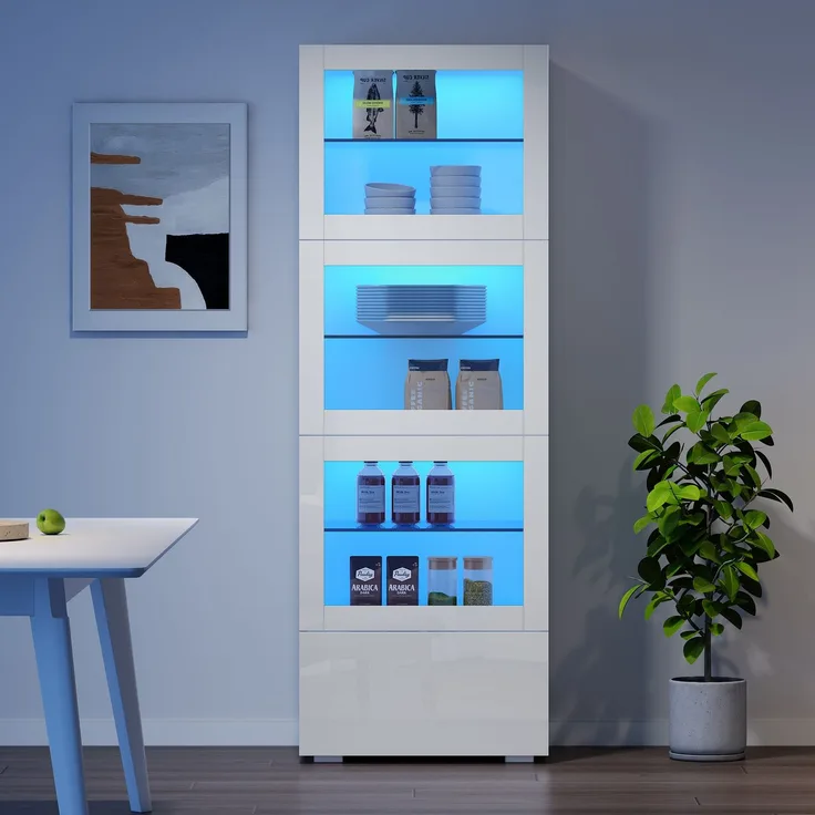 60*40*173cm Schrank,Vitrine ausSchranktür aus Acryl, Vitrine Hochglanz Lagerschrank mit LED-Beleuchtung, 3 Glasboden, Highboard, Wohnzimmerschrank, Aufbewahrungsschrank, Hochschrank, Sofaschrank,Weiß--Weiß--60x40x173cm--YOUDENOVA