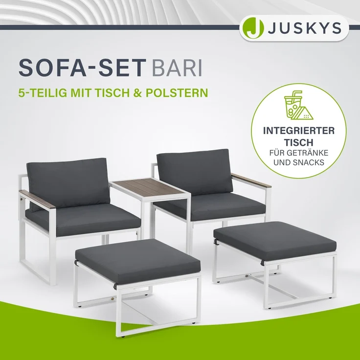 Juskys Gartenmöbel Sofa Set 5-teilig Bari mit Tisch & Polster - Metall Gartenlounge - Balkonmöbel klein - Outdoor Möbel Balkon Garten - Lounge Grau – Bild 2