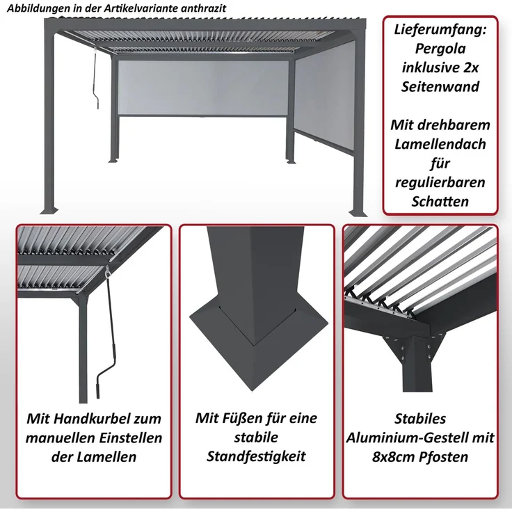 Mendler 'HWC-L41' Pergola mit 2 Seitenwände, Metall weiß, 3x3,7 m – Bild 2
