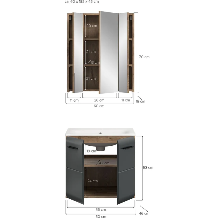 Badkombination (B/H/T: 60x185x46 cm) in schwarz matt und Nox Oak Nachbildung – Bild 4