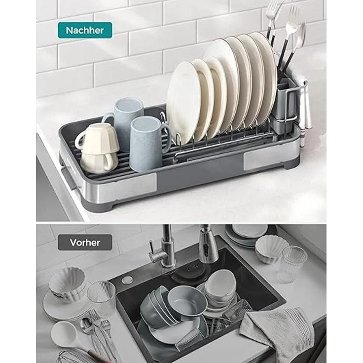SONGMICS Abtropfgestell klein, Geschirr-Abtropfgestell für Spüle, Abtropfständer, Abtropfgitter Edelstahl, Abtropfschale, Besteckhalter, Tassenhalter rostfrei, für Geschirr, silbern-grau KCSDE034G01 – Bild 3