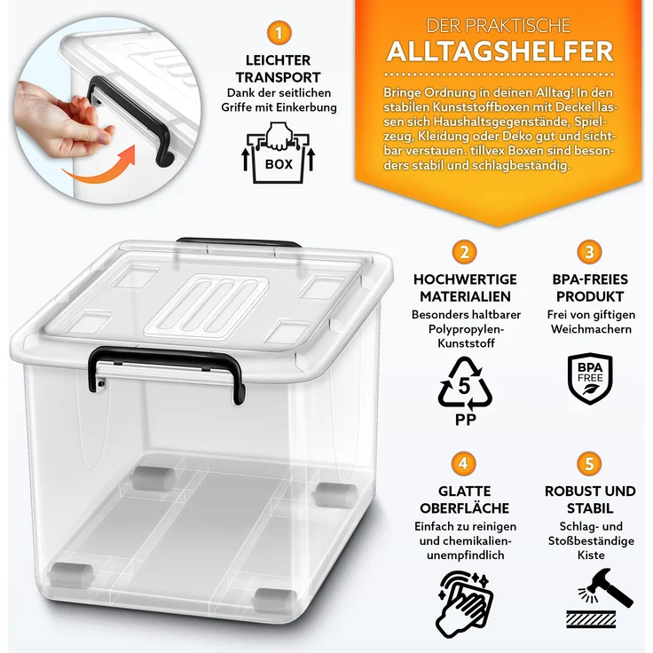 tillvex® Aufbewahrungsboxen mit Deckel 6er Set - 27L, lebensmittelecht | Kunststoff Boxen Set stapelbar | Aufbewahrung Ordnungssystem Box groß | Aufbewahrungsbox Kleiderboxen transparent 100% Neumaterial – Bild 2