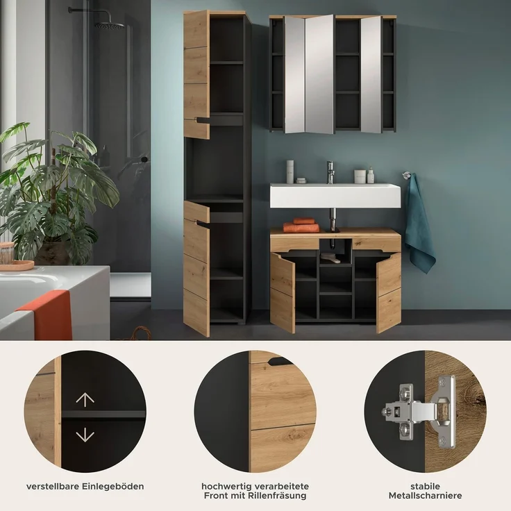 Xonox Canu Badkombination (B/H/T: 133x193x34 cm) in Basalt grau Nachbildung und Artisan Nachbildung – Bild 8