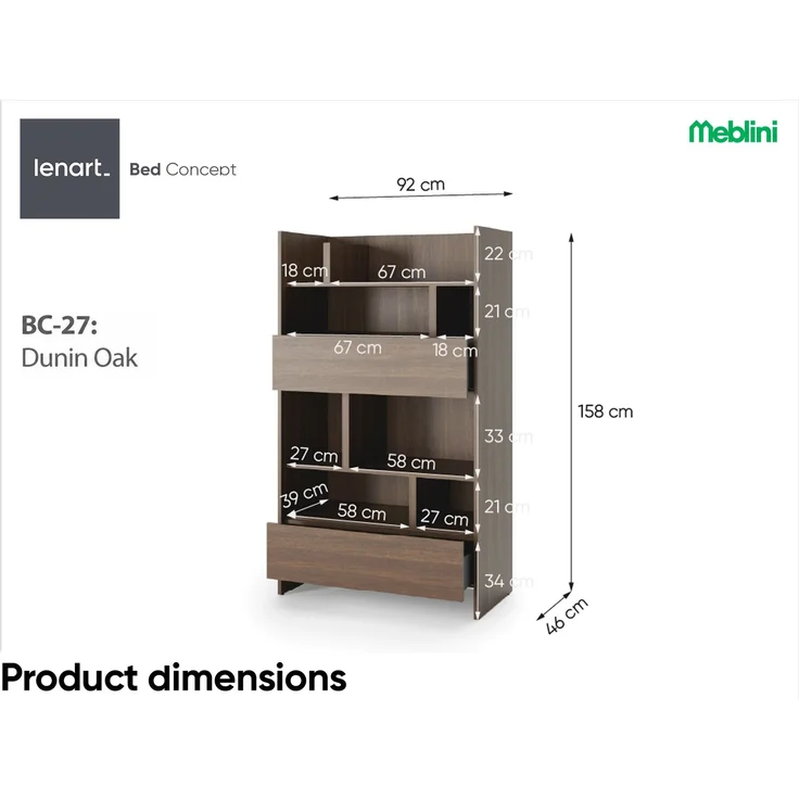 MEBLINI Wohnzimmerschrank BC-27 für Schrankbett - Dunin Eiche - 92x158x46cm - Hochschrank mit Regalen, Fächern und Schubladen – Bild 4