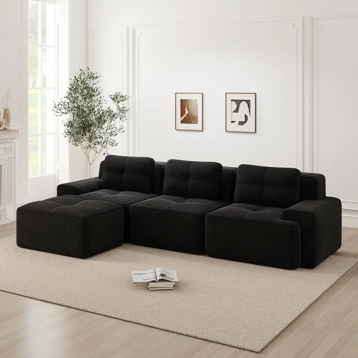 Cloud Modulsofa Boneless L-förmiges Sofa,Modulares Sofa mit Ottoman Modulares Cloud-Sofa 3-Sitzer Corduroy-Cloud-Sofa für Wohnzimmer Montagefreies Sofa,Corduroy,Schwarz,