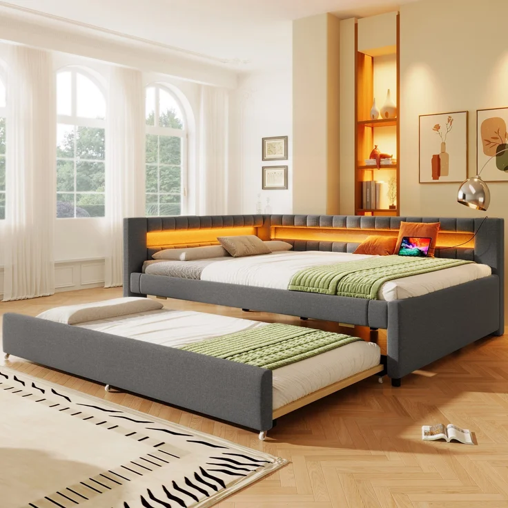 Polsterbett mit Lattenrost, Gästebett, USB und Type-C Anschlüssen, 140x200cm, Schlafsofa, Doppelbett, Leinen – Bild 1
