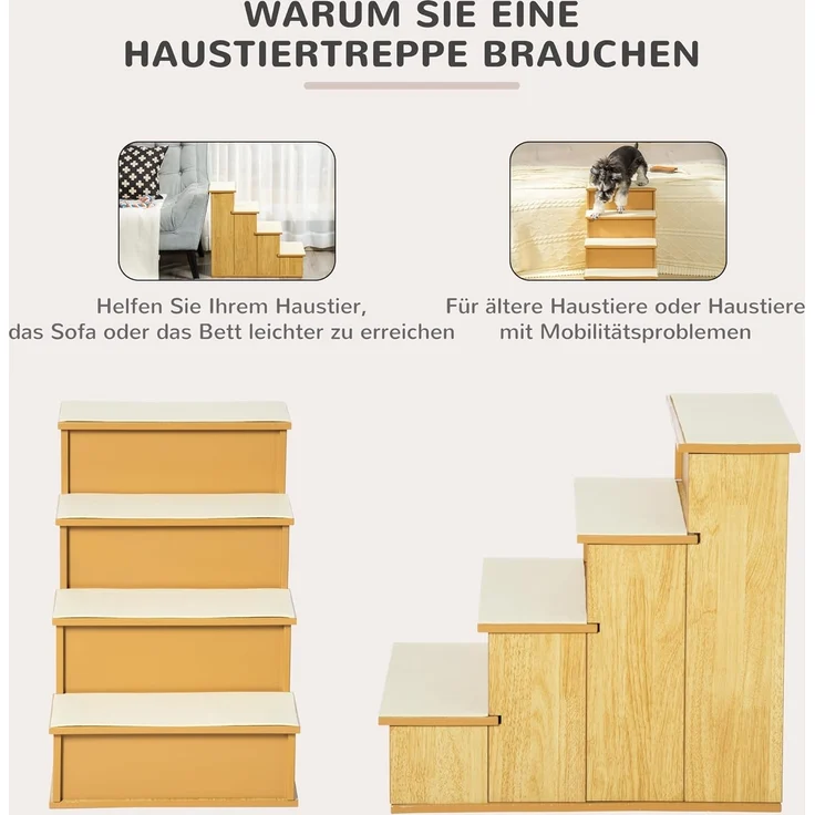 PawHut Haustiertreppe 4-stufig mit rutschfester Matte (Katzentreppe, 1-St, Hundetreppe), Rutschfeste Stufen mit abnehmbaren Teppichen – Bild 4