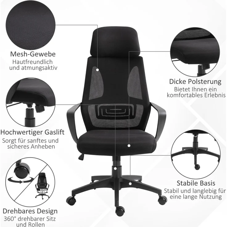 Faumrta Bürostuhl, H?henverstellbarer Schreibtischstuhl mit Wippfunktion Drehstuhl mit Armlehne, Kopfstütze, Lendenstütze Bürostuhl mit Netzstoff-Optik, SchwarzPolyester64cm*55cm*126cmSchwarz – Bild 5