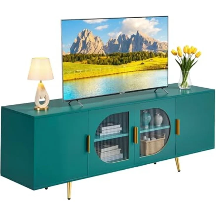 VEVOR TV-Ständer für Fernseher bis zu 75 Zoll, TV Tisch mit Glastüren, TV-Schrank mit goldenen Beinen & verstellbaren Regalen, Konsolentisch Fernsehschrank für Wohnzimmer Schlafzimmer, Grün – Bild 1