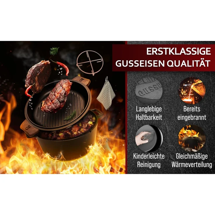 Dutch Oven Set 2in1 5 l aus Gusseisen – mit Ledergriffen, Ringreiniger & Untersetzer, für Grill, Lagerfeuer, Herd & Backofen – Bild 4
