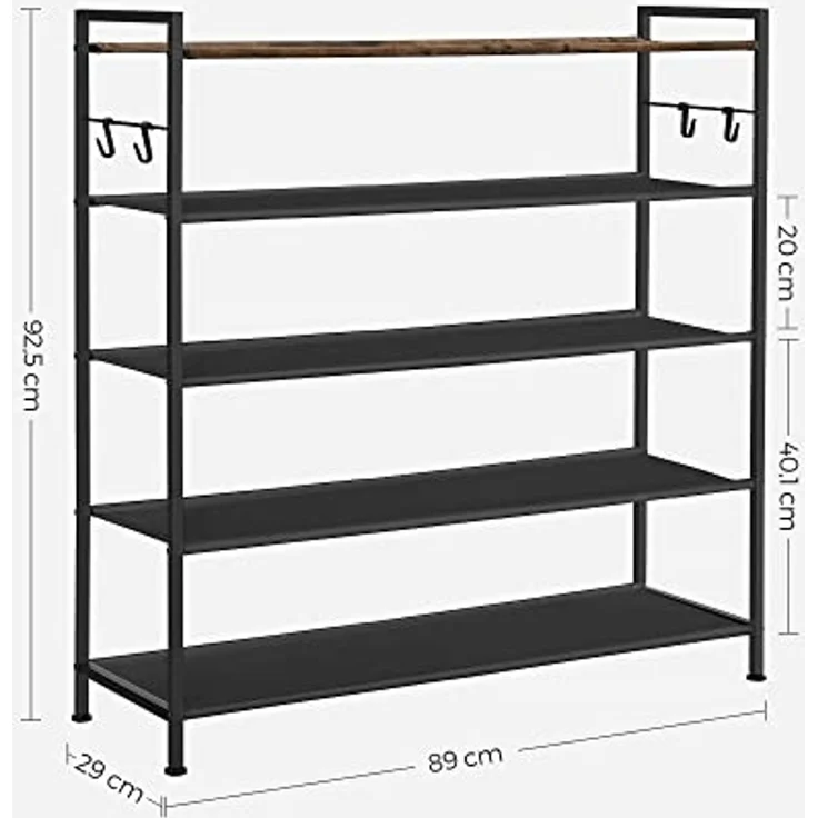 Songmics Schuhregal 5 Ebenen, Schuhablagen Metall, Ablagen aus Oxford, für 20-25 Paar Schuhe, 29 x 89 x 92,5 cm, 4 Haken, offener Schuhschrank für Flur, Schlafzimmer, vintagebraun-schwarz LMR035B01 – Bild 3