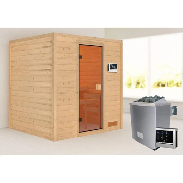 Karibu Sauna Adelina ohne Dachkranz + 9kW Saunaofen mit ext. Steuerung Easy – Bild 1