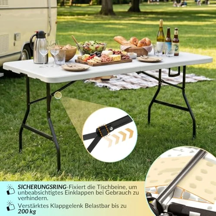 Velway Buffettisch Gartentisch klappbar mit Koffergriff - 180 x 74 x 74 cm Wetterfest Kunststoff Klapptisch Leicht zu Reinigen für Garten Terrasse Balkon Camping Partytisch Campingtisch - Weiß – Bild 4