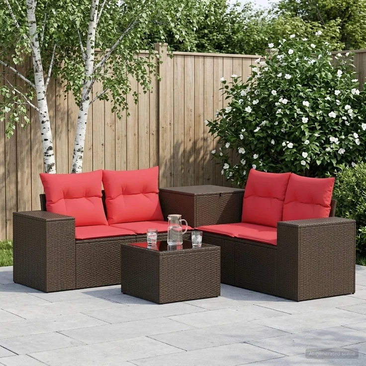vidaXL Sofa Set 6 stk. Braun und Rot Polyrattan und Stahl 3447563 – Bild 1