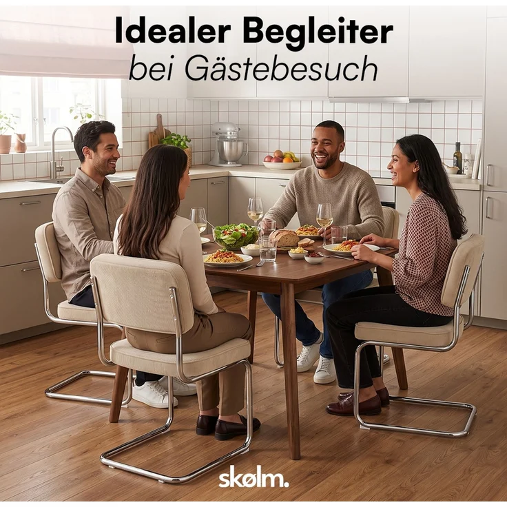 skølm 'Thund' Esszimmerstühle 4er Set, beige, Polsterstuhl aus Cord mit verchromten Metallgestell, Schwingstuhl bis 120 kg belastbar – Bild 10
