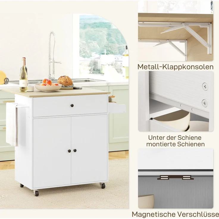 Küchenwagen 106x42x87 cm mit klappbarer Arbeitsplatte, Schublade und Rollen – Weiß – Bild 3