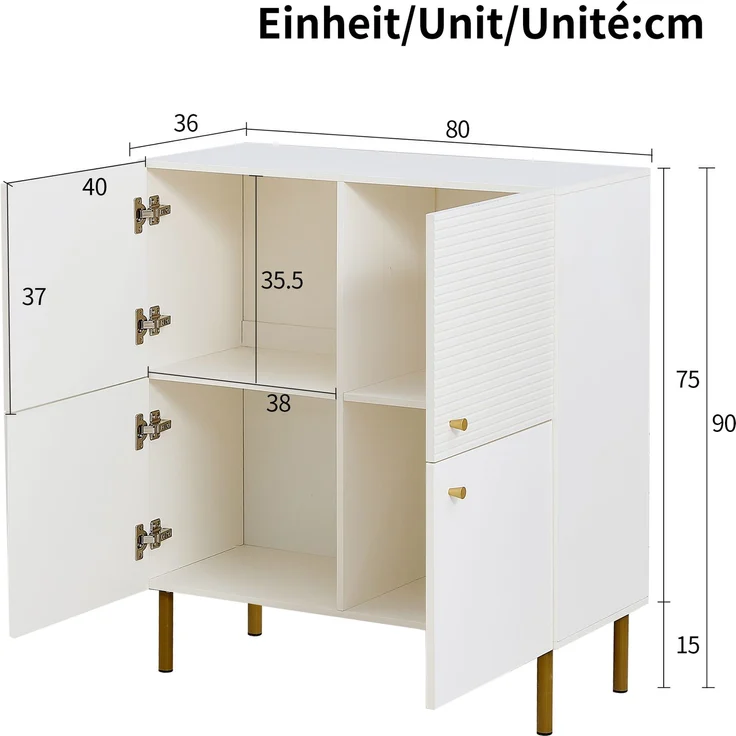 Sideboard Weiß MDF 80 x 36 x 90 cm, modern, Metallbeine, Aufbewahrungsschrank Wohnzimmer Schlafzimmer Flur – Bild 7