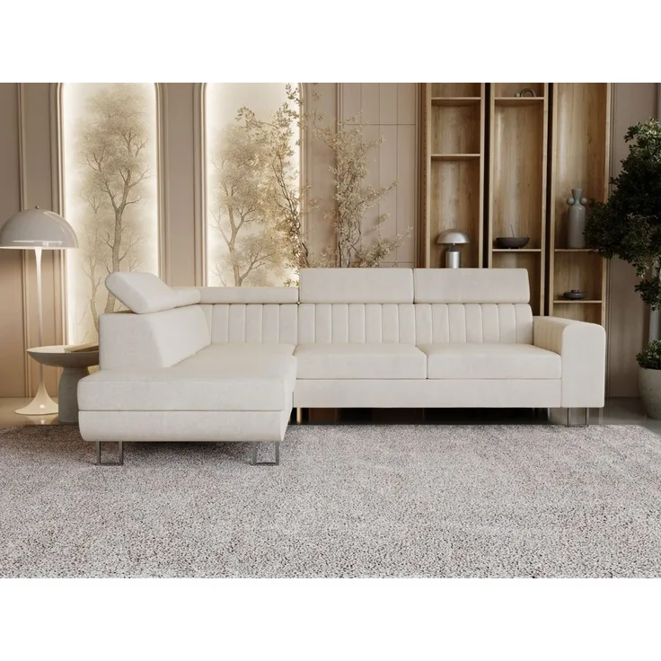 GRAINGOLD Ecksofa Berona, Couch L-Form mit Schlaffunktion, Bettkasten, Verstellbare Kopfstützen, Velour-Stoff, Beige, Links