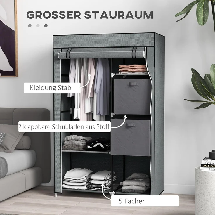 HOMCOM Stoffschrank, Faltschrank mit Schubladen, Kleiderschrank mit Kleiderstange, Reißverschluss, Garderobe für Schlafzimmer, Vliesstoff, Dunkelgrau, 102 x 42,5 x 162,5 cm – Bild 3