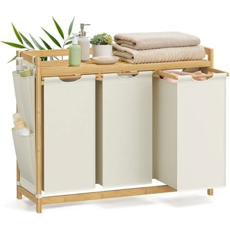 SONGMICS Wäschekorb 3 Fächer, Bambus, 150 L, mit Ablage, kleine seitliche Taschen, 3 x 50 L, cremeweiß, 94 x 33 x 78 cm – Bild 1