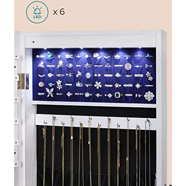 SONGMICS Schmuckschrank hängend, Spiegelschrank mit LED-Innenbeleuchtung, an der Tür hängend, MDF weiß, 37 x 9,3 x 108 cm – Bild 7