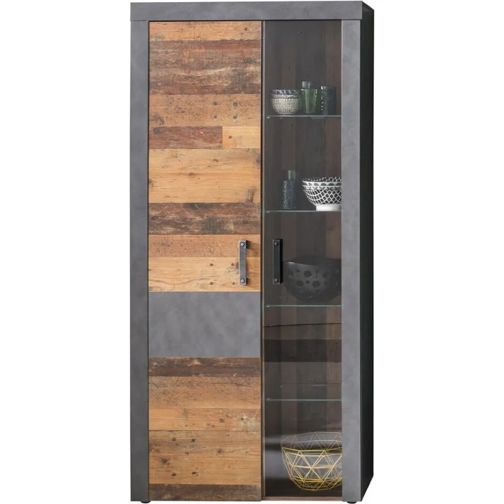 trendteam smart living - Indy - Kommode - Grau/Eiche - Highboard-Schrank mit 2 Türen, 4 Glasböden, 1 Konstruktionsboden und 3 Einlegeböden - (BxHxT) 87 x 189 x 34 cm - antikfarbene Griffe – Bild 1