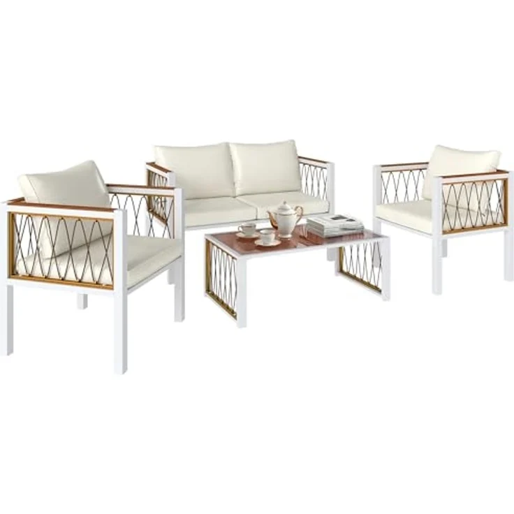 Outsunny Sitzgruppe mit Zweisitzer, 2 Sessel, Glastisch, Kissen, rutschfesten Matte, (Lounge-Set, 4-tlg, Gartenmöbel Set), für Garten Balkon Cremeweiß – Bild 1