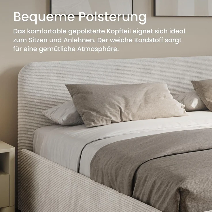 Home Collective Polsterbett Bett mit Stauraum, verstellbarem Lattenrost, viele Größen (Größen: 100x200 120x200 140x200 160x200 180x200 200x200, hochwertiger Kordstoff, made in Germany), wählbare Matratze Federkern oder Kaltschaum, Hellbeige – Bild 4