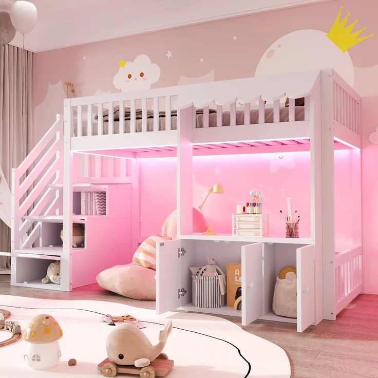 EINHOM Holz-Hochbett 90 x 200 cm mit Stauraumschrank und Stauraumtreppe, Massivholz + MDF, Mehrfarbiger LED-Lichtleiste, Traufendesign, Lattenrost, Einzelbett, Weiß (Ohne Matratze) – Bild 1