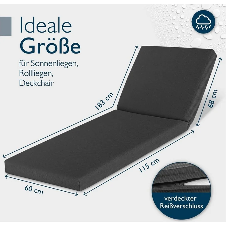 Beautissu Liegenauflage Deckchair Auflagen Wasserdicht QD-RL, 190x60cm, Anthrazit, Sonnenliege Auflage Outdoor Polster Wetterfest Schnell Trocknend – Bild 1