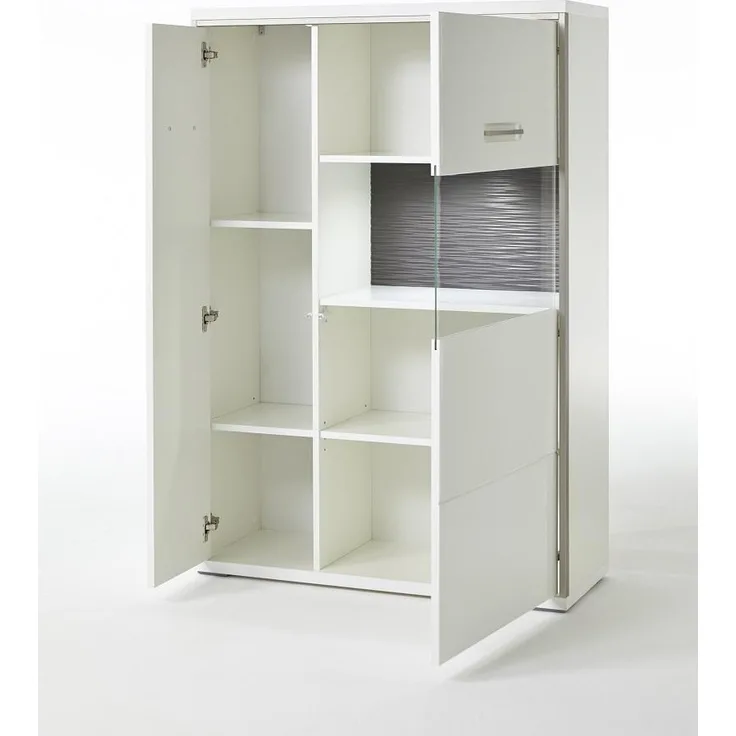 Wohnwand Trento weiß Hochglanz mit Edelstahl 301 x 201 cm