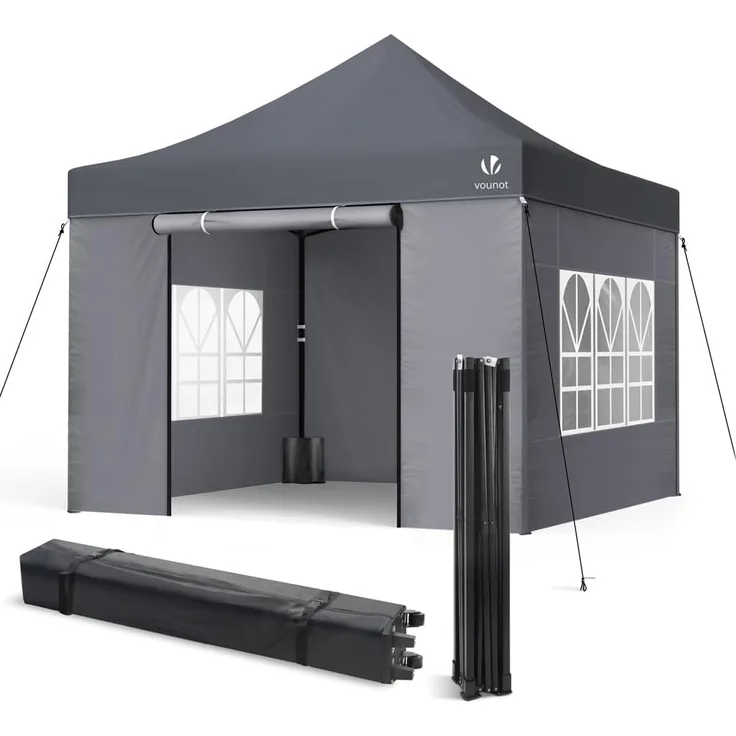 VOUNOT Pavillon 3x3 m Wasserdicht Stabil Winterfest, Pop Up Faltpavillon mit 4 Seitenteilen und 4 Sandsäcke, Party Pavillon Faltbar Gartenzelt Partyzelt, Grau