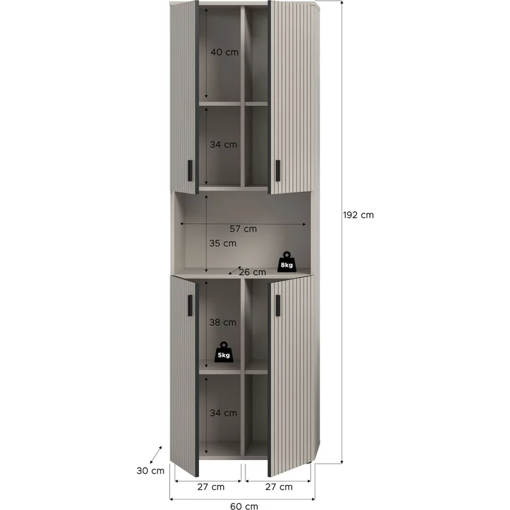xonox. home – Badschrank Mone 60 x 192 x 30 cm in Kaschmir Nb – Breiter Hochschrank mit 4 Türen, 8 Fächern & offenem Fach – Maximaler Stauraum für Badutensilien, geradlinig & hochwertig verarbeitet – Bild 4