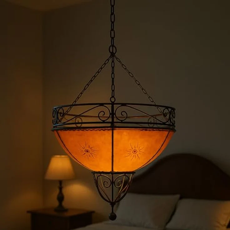 Marrakesch Orient & Mediterran Interior Pendelleuchte Demren Orange – Marokkanische Hängeleuchte Lampe aus Ziegenleder 45cm, Handarbeit – Bild 2