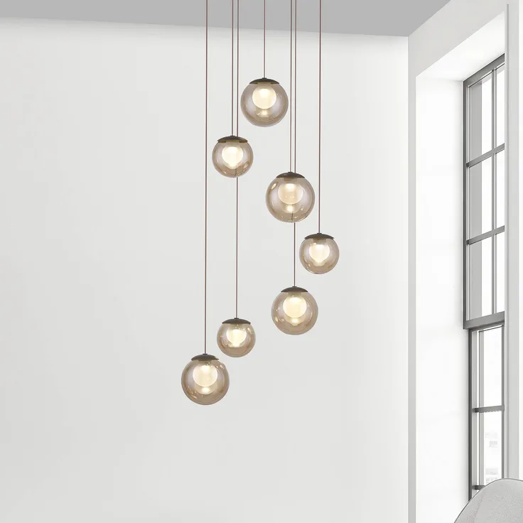 PURE LED-Hängelampe Popup, 7-flg. in bronze/amber, höhenverstellbar mit CCT-Funktion und Fernbedienung