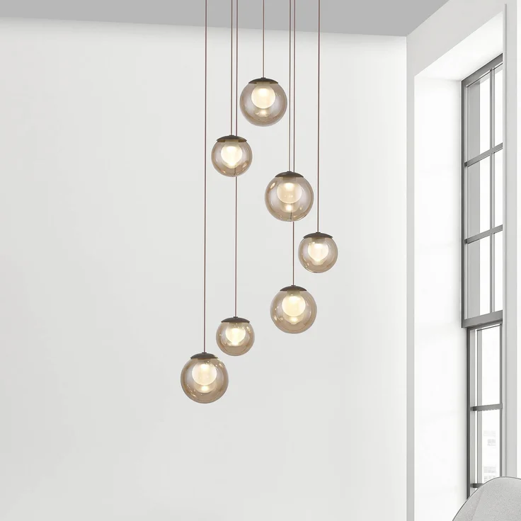 PURE LED-Hängelampe Popup, 7-flg. in bronze/amber, höhenverstellbar mit CCT-Funktion und Fernbedienung