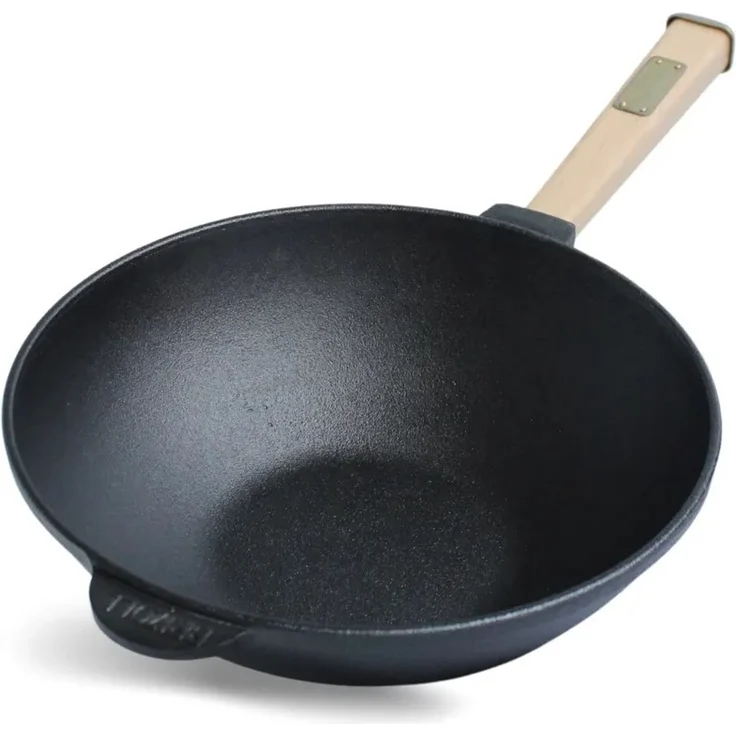 Wok Bratpfanne Ø24 cm 2,2 L aus Gusseisen mit Holzgriff Glasdeckel Asia Wokpfanne Induktion Pfannenwender – Bild 4