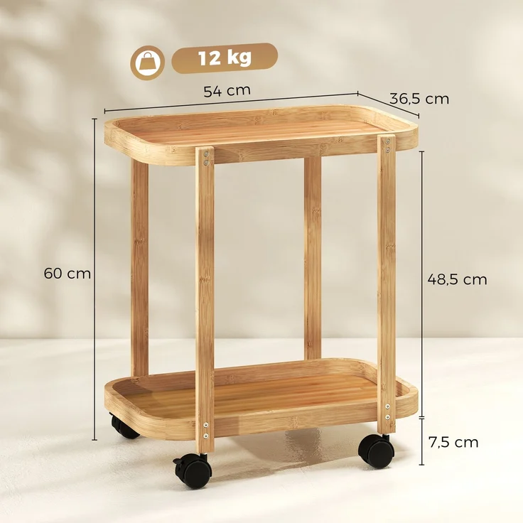 MELAYR, 2-stufiger Küchenwagen aus Bambus, zusätzlicher Küchenwagen mit Rollen, 2 Ablagen, 54 x 36,5 x 60 cm, Naturholz – Bild 5
