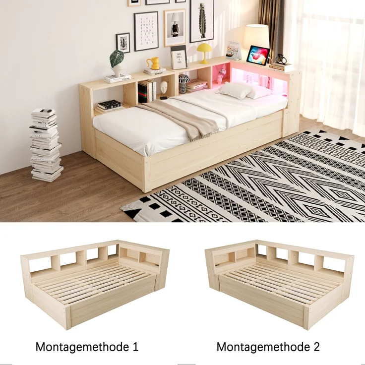 Multifunktionsbett 90×200 cm mit Bettkasten, LED-Lichtleiste und Steckdose, Holzfarbe, ohne Matratze – Bild 7