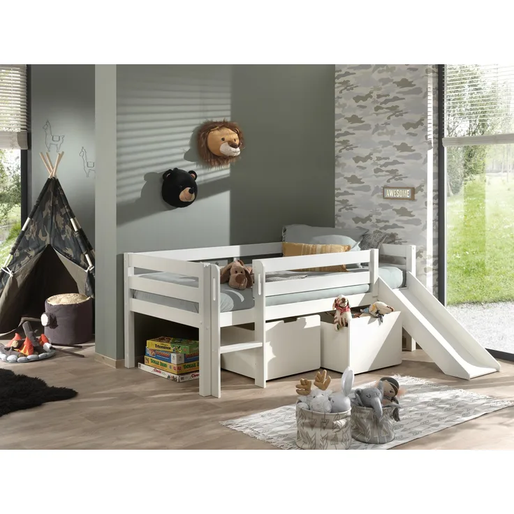 Kojen-Spielbett mit Liegefläche 90x200 cm, inkl. Leiter, Rutsche, Rolllattenrost und 2 Schubkästen, Kiefer und MDF weiß lackiert
