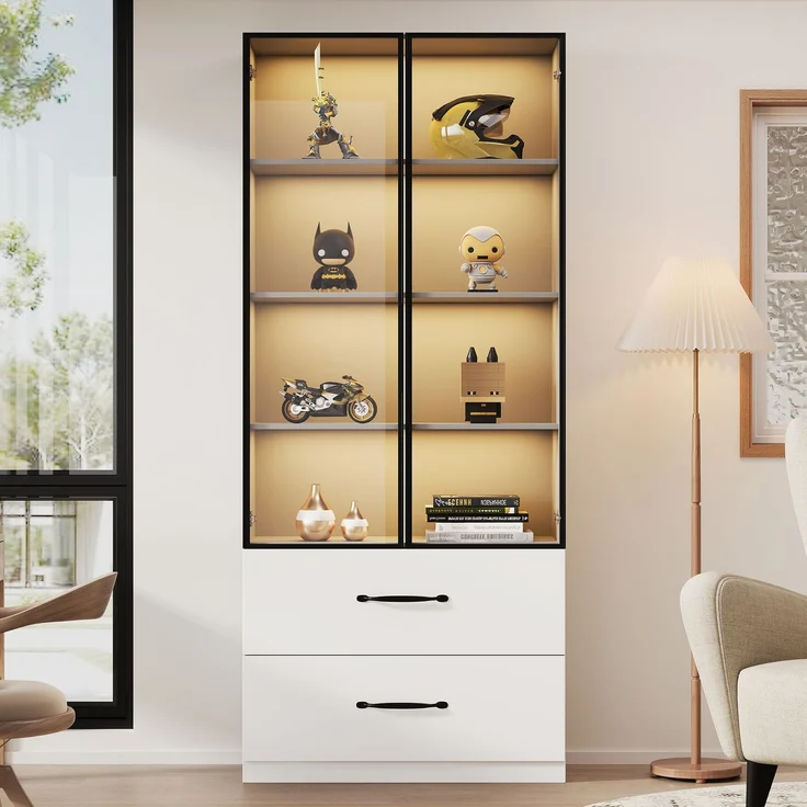 Vitrine 60x40x160 cm mit Sicherheitsglas, 7-farbiger LED-Beleuchtung und 2 Schubladen, Weiß – Bild 4
