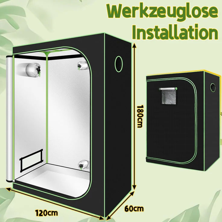 Eikuavons Growbox 120x60x180cm Professionelles Growzelt, ideal für Tomaten Salat Kräuter, Polyestergewebe, schwarz – Bild 2