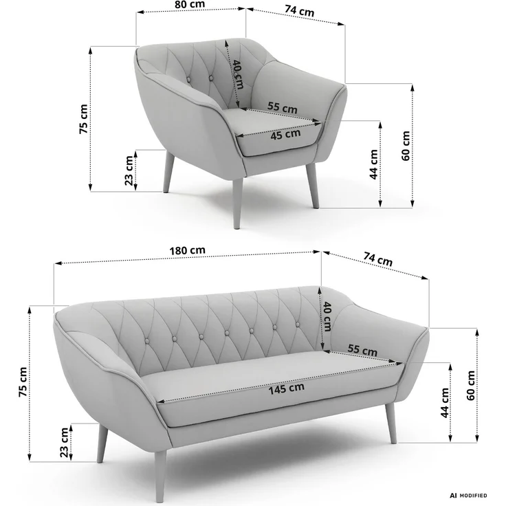 Wohnzimmerset PIRS 1-1-3, Skandinavisches 3-Sitzer Sofa mit Sesseln, Sofa mit Wellenfederung, Buche Füße, Skandinavisches Möbelset - Grau Stukture – Bild 6