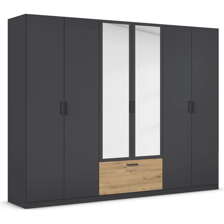 Rauch Möbel Bari, Drehtürenschrank, 6-türig, Kleiderschrank Grau-Metallic/Eiche Artisan, 1 Schublade, mit Spiegel, 271 x 210 x 54 cm