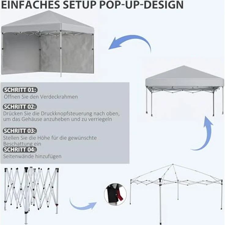 Outsunny Pavillon 3x3m, wasserabweisender Pop-up Faltpavillon mit 2 Seitenwänden, UV Schutz 30+, faltbar und höhenverstellbar, hellgrau – Bild 4