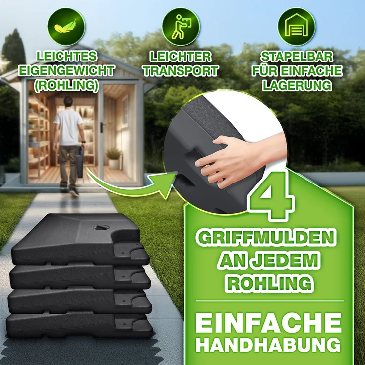 tillvex® Sonnenschirmständer Anthrazit 90 Liter / 120 kg – 4-teilig für Ampelschirm inkl. Metallverbinder | Schirmgewicht befüllbar mit Wasser oder Sand | Schirmständer Ampelschirmständer wetterfest – Bild 7